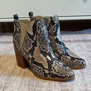 MIA Black and Cream Snake-Print Block Heel Ankle Boots